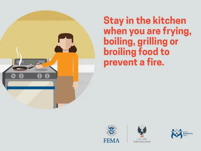 A safety awareness illustration featuring a person cooking on a stove with the caption: "stay in the kitchen when you are frying, boiling, grilling or broiling food to prevent a fire." the logos of fema, the u.s. fire administration, and fire is everyone's fight are also displayed, indicating a joint effort to promote fire safety.
