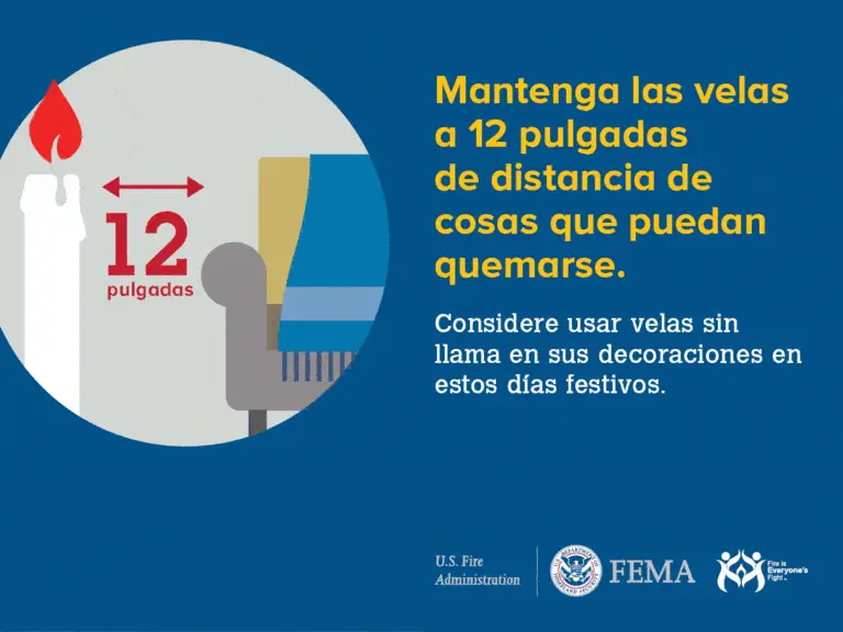 Illustration showing a lit candle 12 inches from a chair. Text in Spanish advises to keep candles 12 inches away from flammable objects and to consider using flameless candles for holiday decorations. FEMA logos included.
